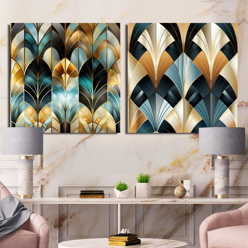 Motif de géométrie dorée et grise des années 1970 - ensemble de 2 collages carrés de formes abstraites, H 36 po x l 73 po