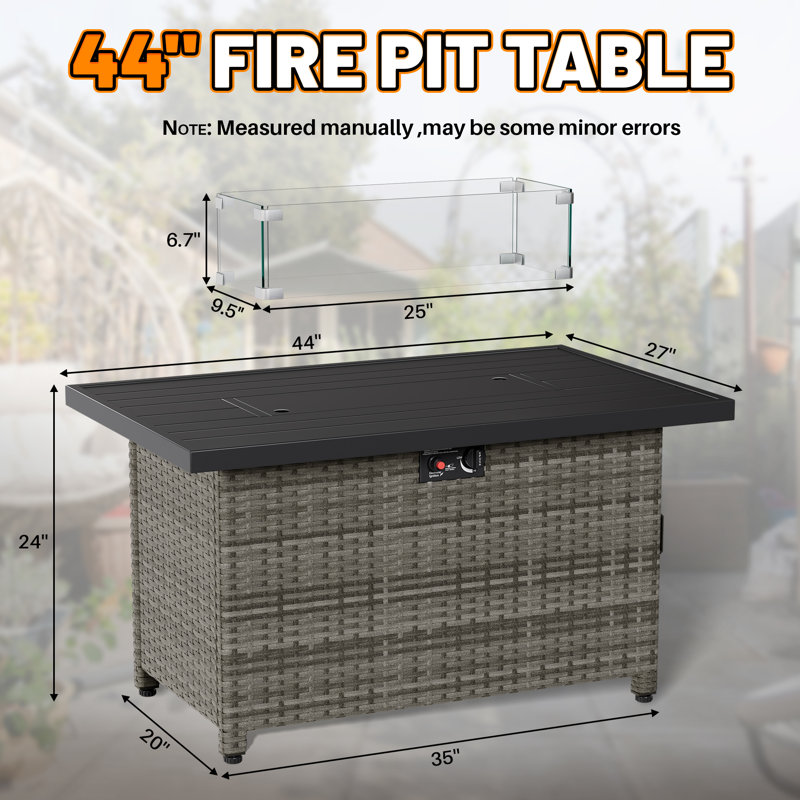 24"H × 44"W Propane Gas Fire Pit Patio Table with Stainless Steel Burner and Tempered Glass - Durable Outdoor Dual Purpose Design (Propane Tank Not Included)