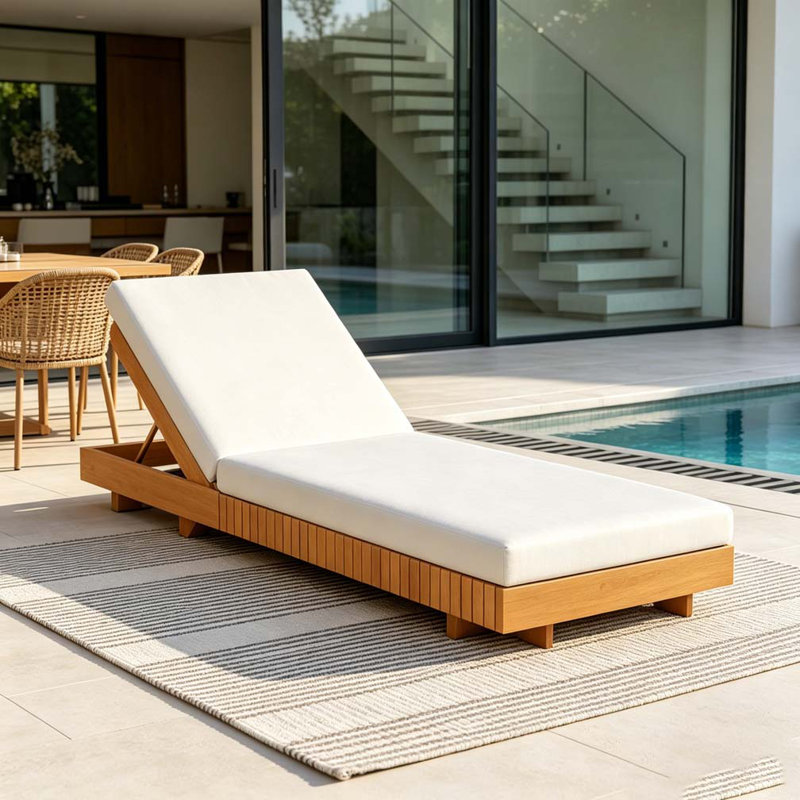 Solid Wood Lounge Chaise, Copper,Teak+Cream