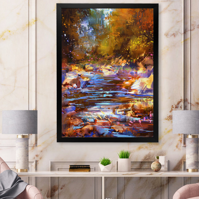 Fall River Lines with Stones in Forest - Peinture sur toile, H 32 po x l 24 po x P 1 po, Cadre d'angle fermé noir