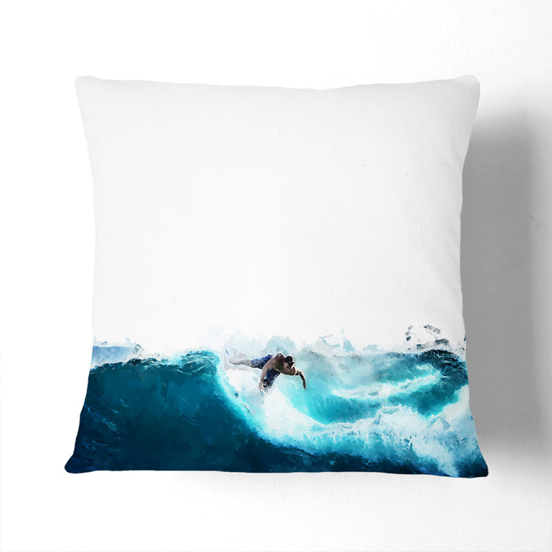 Surfer Riding the Wave Cushion with Filling, Black, 55cm H x 55cm W x 20cm D