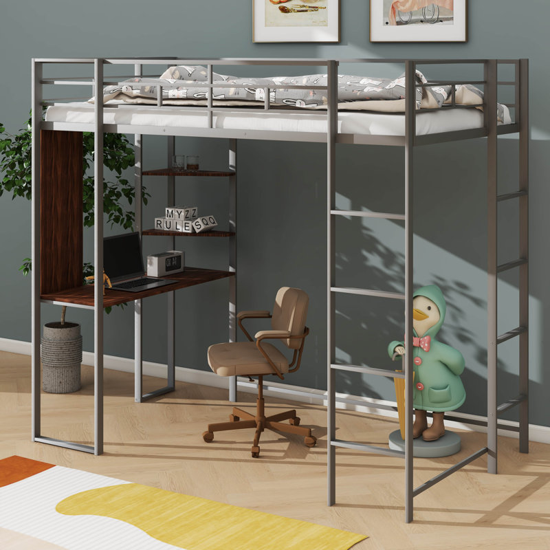 Lit mezzanine simple en métal avec 2 tablettes et un bureau, Argent argent