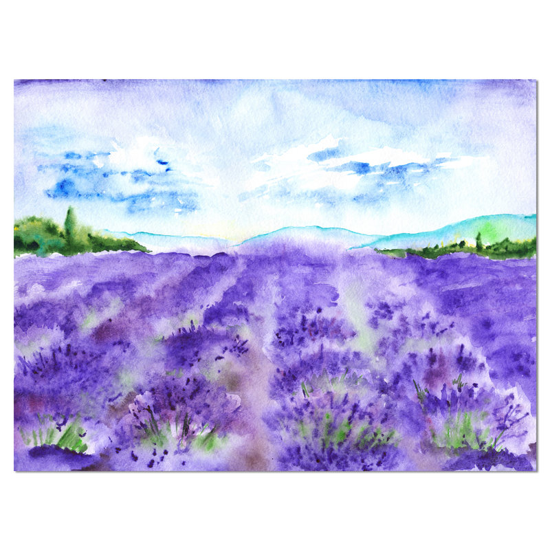 Champ de lavande - reproduction de peinture à l'aquarelle, H 16 po x l 32 po x P 1 po, Toile tendue