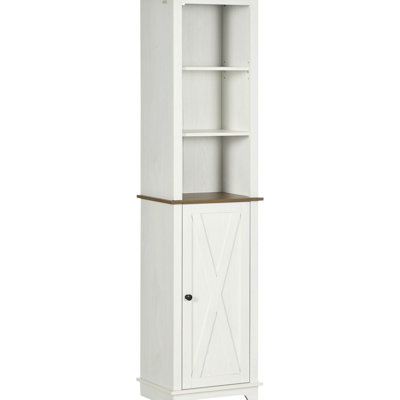 Meuble de rangement de salle de bain blanc sur pied avec trois tablettes ouvertes, colonne à linge avec tablette réglable et porte pour produits d'hygiène, étagères à serviettes et porte pour produits de nettoyage.