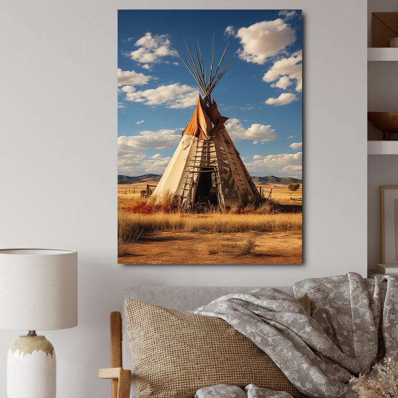 Beige corail, tipi natif, vents qui soufflent, encadré sur toile, Encadrement doré, H 20 po x l 12 po x P 1 po