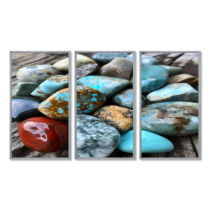 Composition de roches turquoise et turquoise, Encadrement argenté, H 32 po x l 48 po x P 1 po