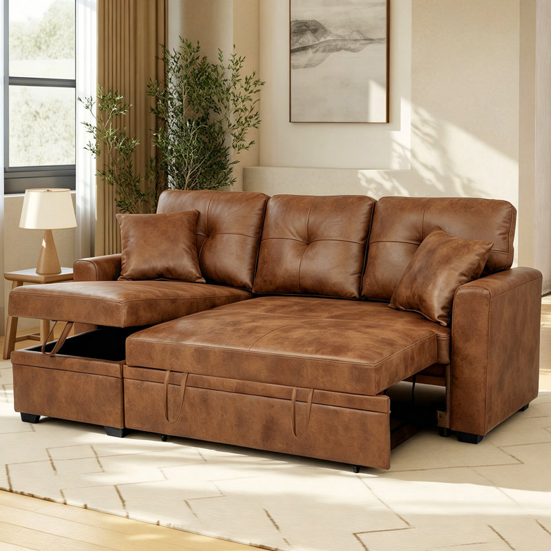 71" L-Shaped Convertible Pull-out Sofa Bed, Sectional Sleeper Couch with Reversible Storage Chaise, Brown, Brown Fabric