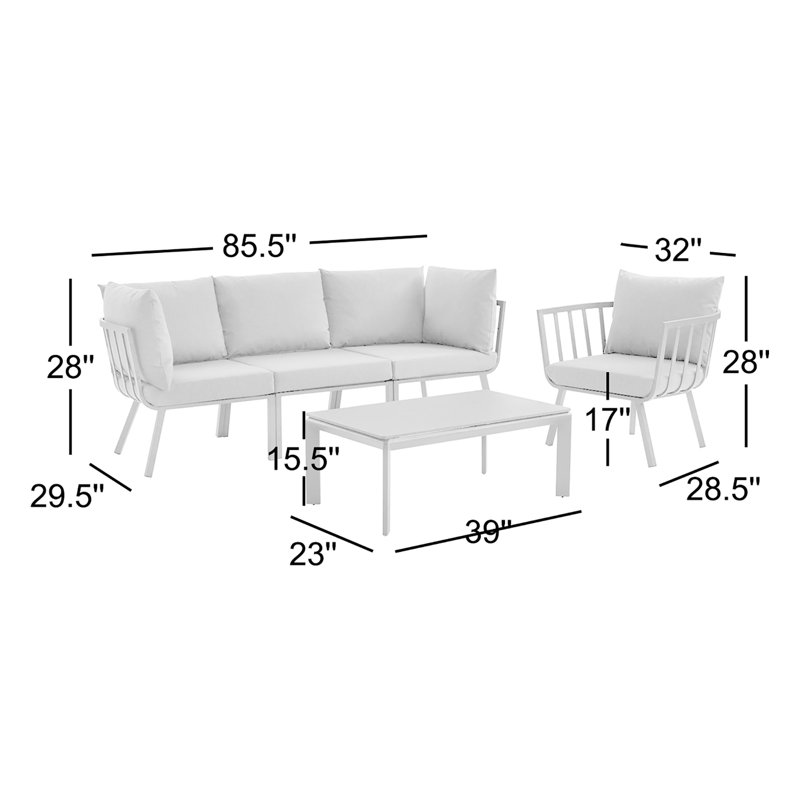 Riverside 5 Piece Outdoor Patio Aluminum Set, Structure blanche / coussin gris