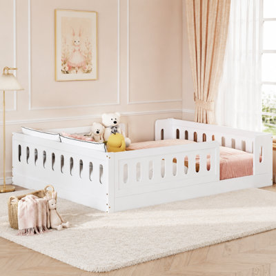 Cadre de lit plateforme en bois avec barrière de sécurité, lit de sol bas pour enfants et tout-petits, sommier non nécessaire