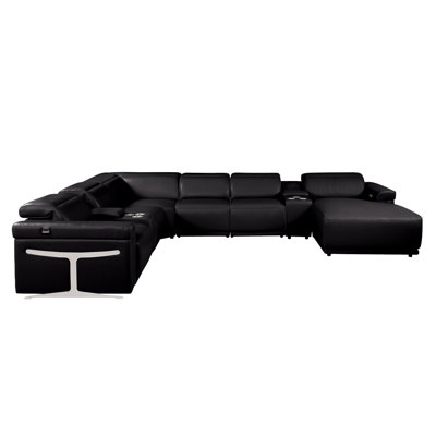 Black Right-Facing 8-Piece L-Shaped Sectional In Top-Grain Italian Leather With 2 Power Recliner & Adjustable Headrests