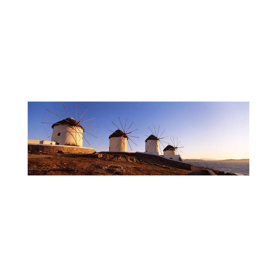 Low Angle View Of Traditional Windmills, Mykonos, Cyclades Islands, Greece - Wrapped Canvas Panoramic Print
