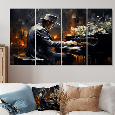 "Floral Piano Jazz Room Elegance II - Music Piano", art mural 4 pièces