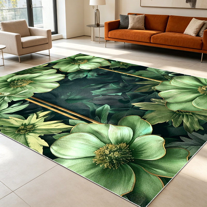 1PC Vintage Sage Green Floral Gold Gilded Frame area rugs for Living Room, Soft and Comfortable, Suitable for all seasons, easy-to-maintain, machine washable Indoor floor mat, Under Table Farmhouse suitable for living room, dining area, bedroom,