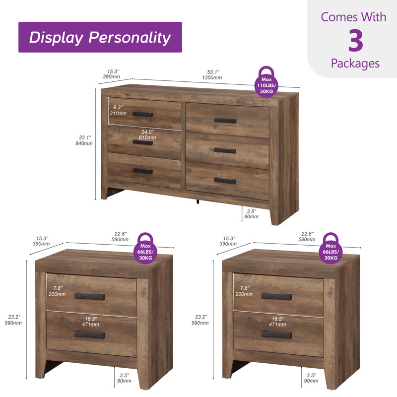 Ensemble de commode et table de chevet 3 pièces pour chambre à coucher, Brun