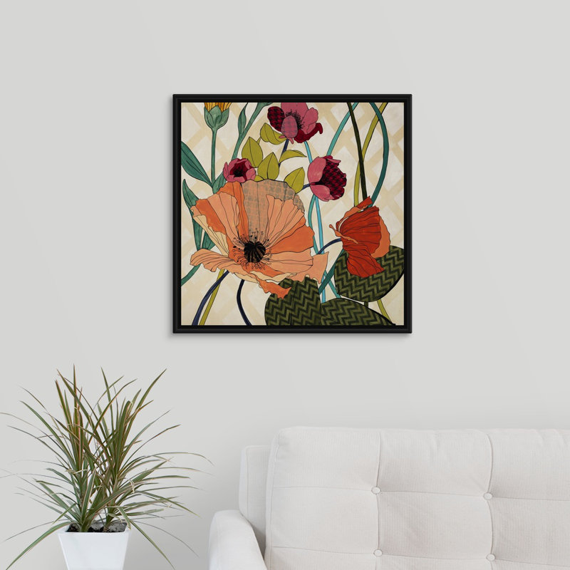 « floral patterns », peinture sur toile, H 13,7 po x l 13,7 po x p 1,75 po, Cadre flottant noir