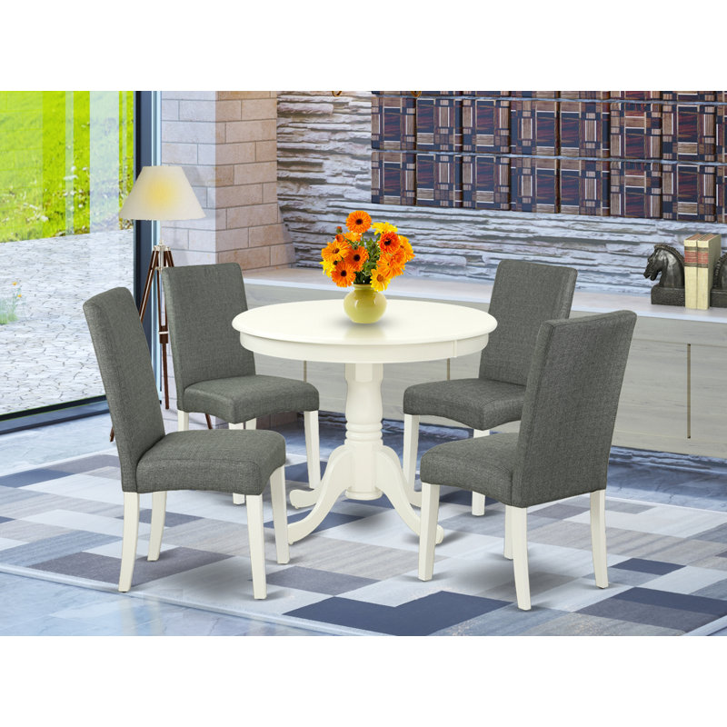 L'ensemble de 3 tables de salle à manger modernes comprend une table de cuisine ronde avec piédestal et 2 chaises de salle à manger Parsons en tissu gris, lin blanc