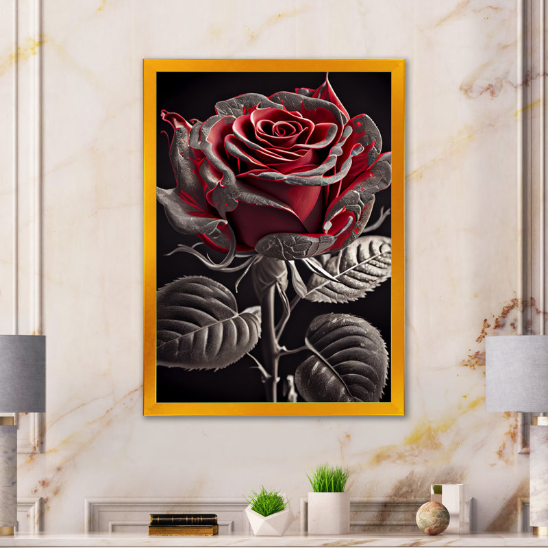 «Blossoming Rose» en rouge et gris I - art mural sur toile florale, H 32 po x l 24 po x P 1 po