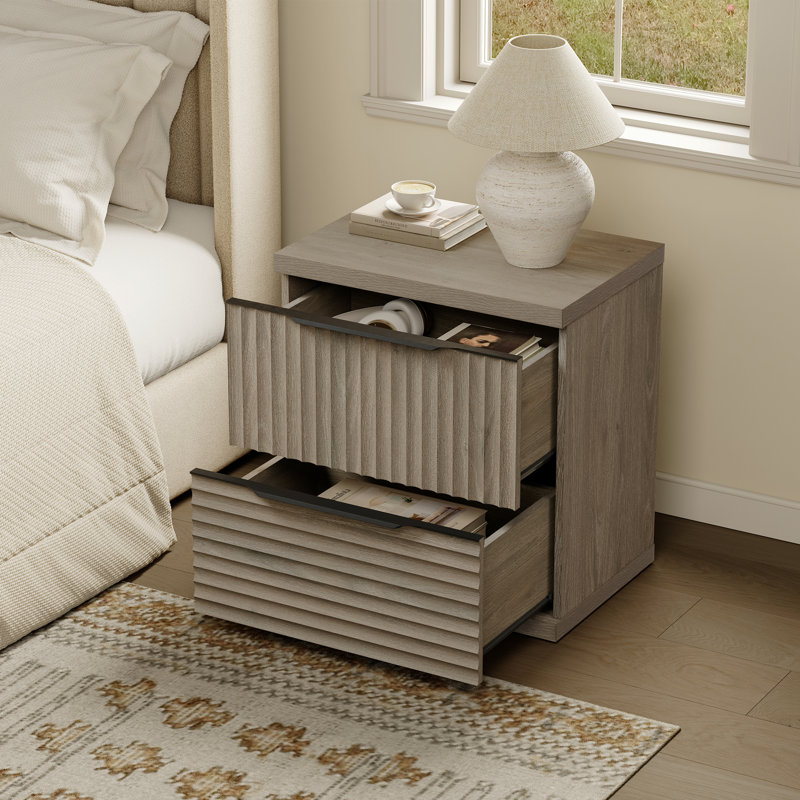 Table de chevet moderne à 2 tiroirs cannelée, Aulne gris
