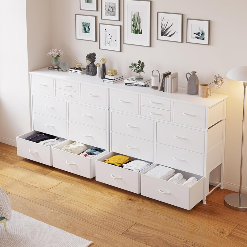 Commode à 10 tiroirs, commodes de rangement en tissu pour chambre à coucher, couloir, chambre de bébé, garde-robe, structure en acier, plateau en bois, poignée facile à tirer (blanc)