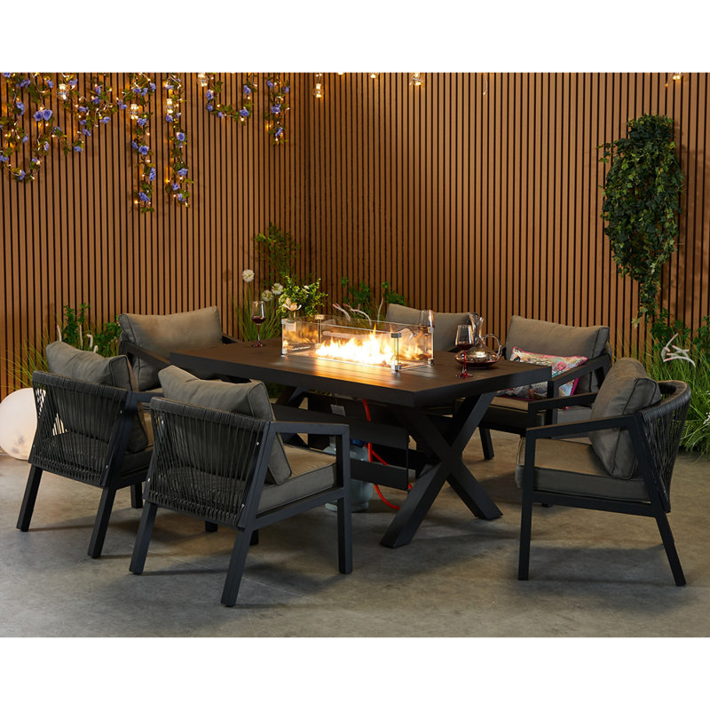 Dinig Table With 6 Armchairs, 7 Pcs: Firepit Table, 6 Chairs