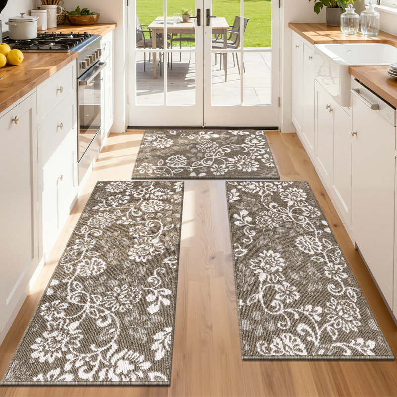 24"W Floral Non Slip Washable Kitchen Mat (Set of 3), Tan