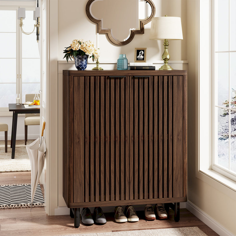 24 Pair Shoe Storage Cabinet with 2 Shutter Doors, Dark Walnut
