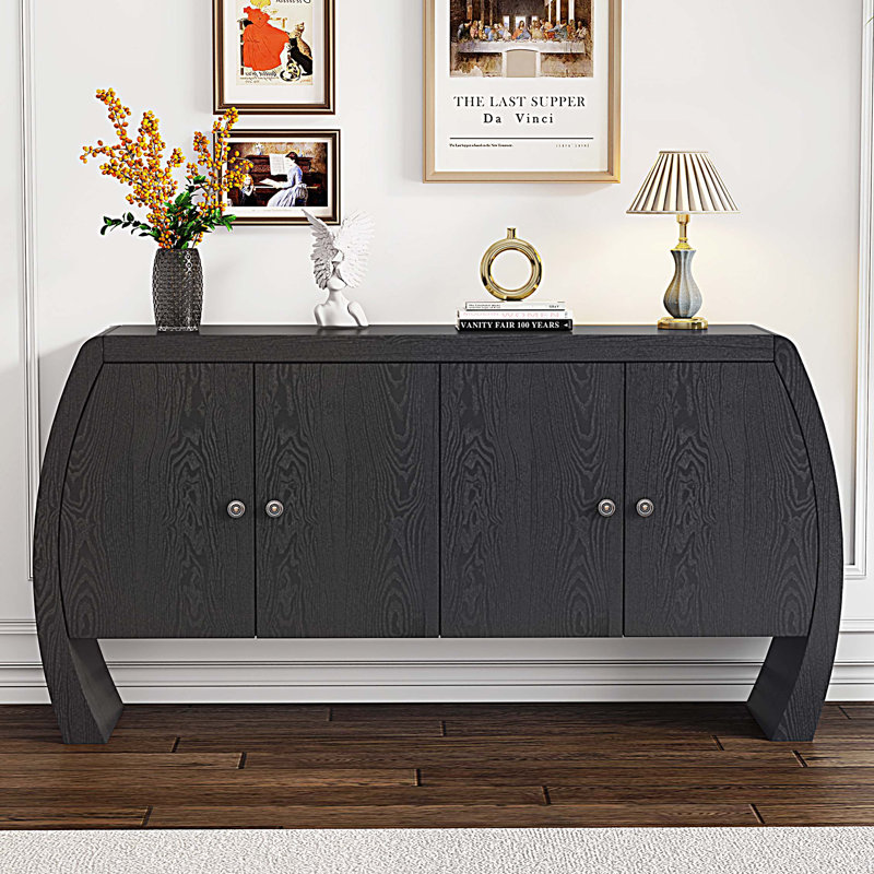 Armoire de rangement à quatre portes en placage de frêne avec pieds courbés, Noir