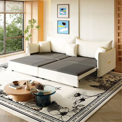 81.9" King Pull Out Sofa Bed,3-in-1 Convertible Sofa Bed with 3 Pillows & Golden Accent Detail Design, Modern Velvet 3-Seater Couch,for Small Space,Living Room,Beige/White