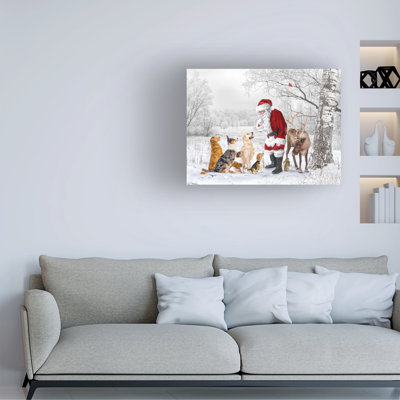 Seasonal Pups Find Santa On Canvas by Liz Zernich Print