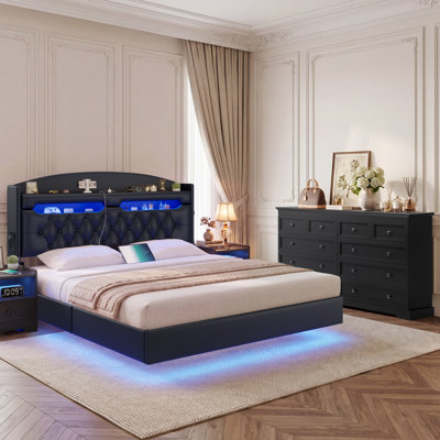 Ensemble de chambre à coucher 2 pièces avec cadre à DEL flottant en cuir et commode à 10 tiroirs l 55,01 po