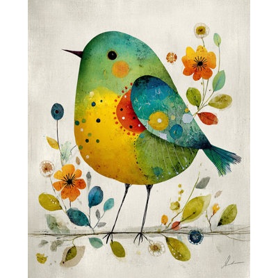 Whimsical Garden Bird Wrapped Canvas Wall Art