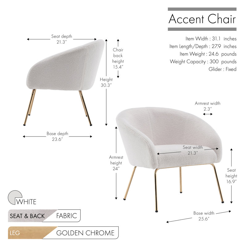 Chaise d'appoint rembourrée en tissu avec pieds chromés dorés, Mélange de polyester blanc