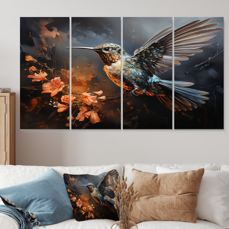 «Midnight Floral Bird Melody IV - Hummingbird», ensemble de 4 décorations murales, H 28 po x l 48 po