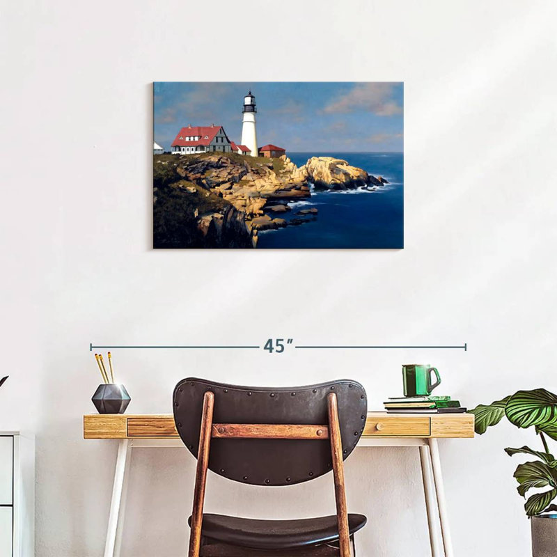 Phare côtier d'Aletra avec maisons rouges, H 20 po x l 30 po