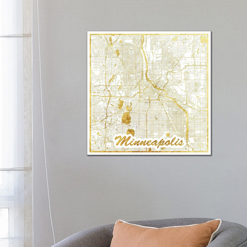 Minneapolis Gold Leaf Urban Blueprint Map by Hubert Roguski - Wrapped Canvas Print, 66.04 cm H x 66.04 cm W x 3.175 cm D