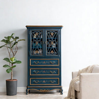 Retro Pattern Solid Wood Blue Sideboard