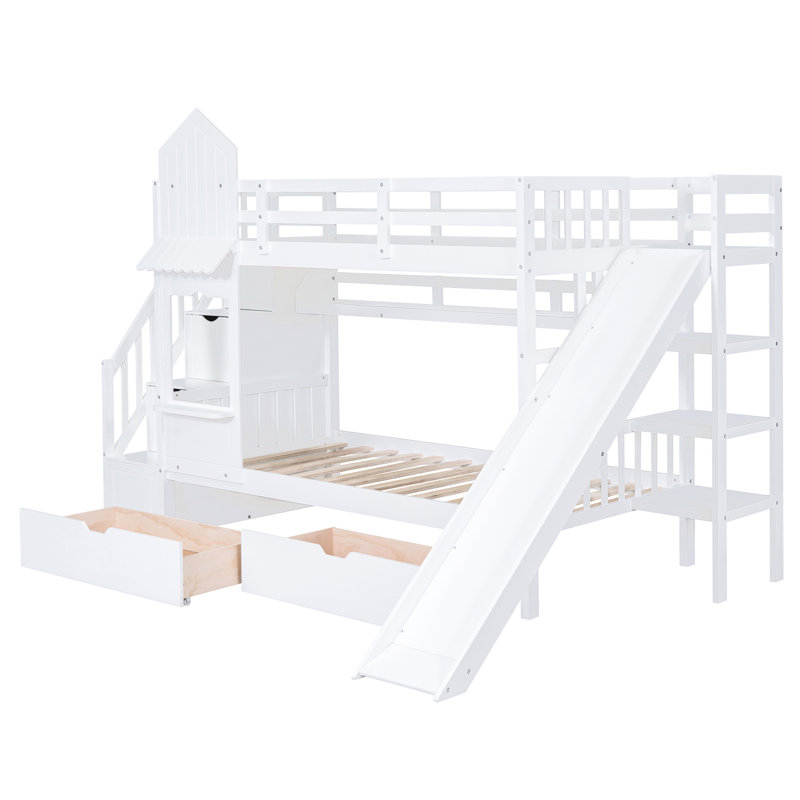 Lit superposé blanc avec glissade Twintwin, 2 tiroirs, 3 tablettes, cadre, espace de rangement pour les objets personnels