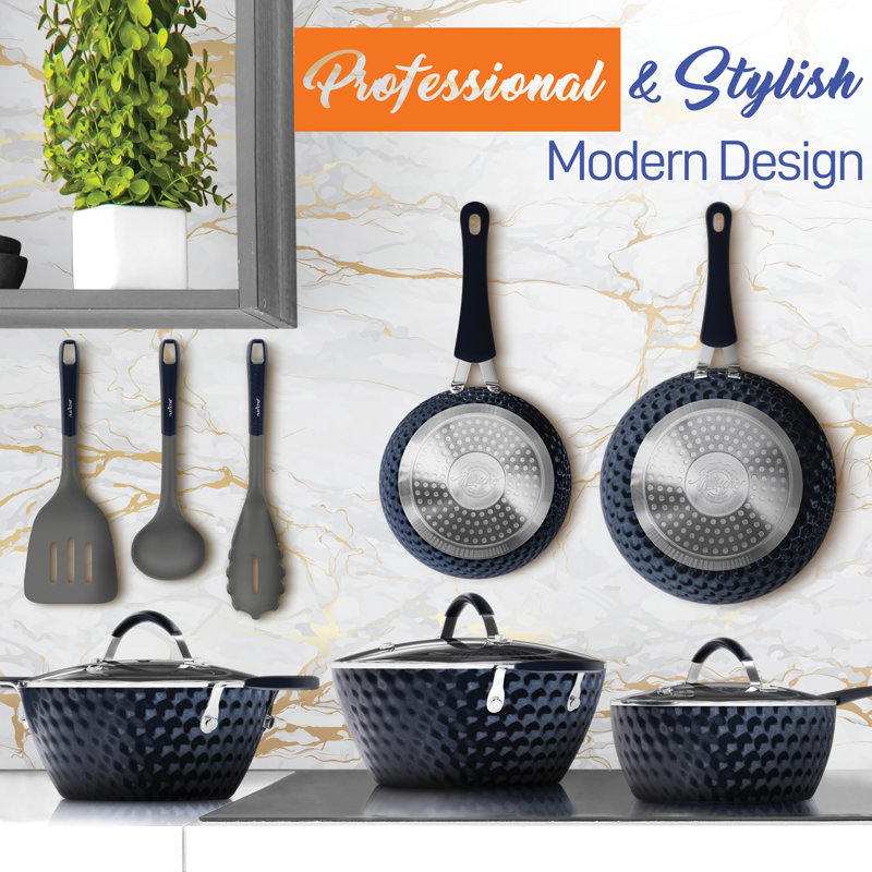 NutriChef 11-Piece Navy Blue Nonstick Aluminum Cookware Set with Utensils
