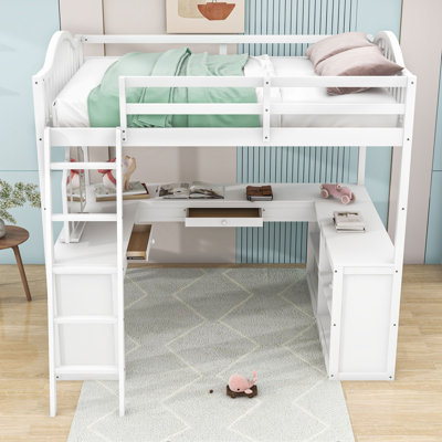  Lit mezzanine double en bois Kaveah avec bureau et compartiments de rangement