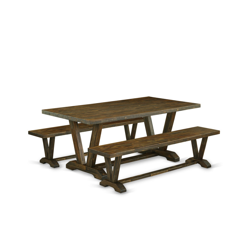L'ensemble de table de salle à manger 3 pièces comprend une table de salle à manger en bois et 2 bancs de salle à manger - plateau de table Jacobean patiné et finition Jacobean patiné