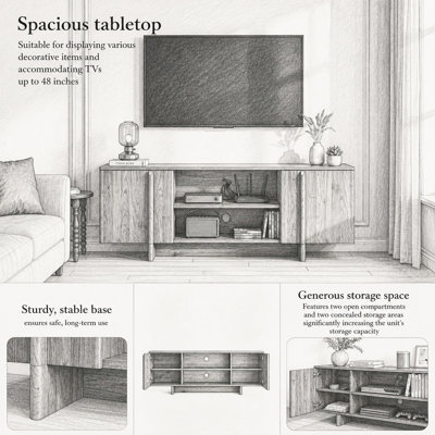 Meuble télé de style ferme moderne du milieu du siècle, 55 pouces, avec armoire de rangement, centre multimédia en bois de noyer avec portes doubles, étagères ouvertes et gestion des câbles pour le salon