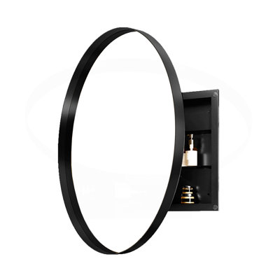 31.5 Inch Surface Mount Round Metal Framed Medicine Cabinet With Mirror And Adjustable Shelves Black Wall Mirror With Storage For Bathroom, Matte Black