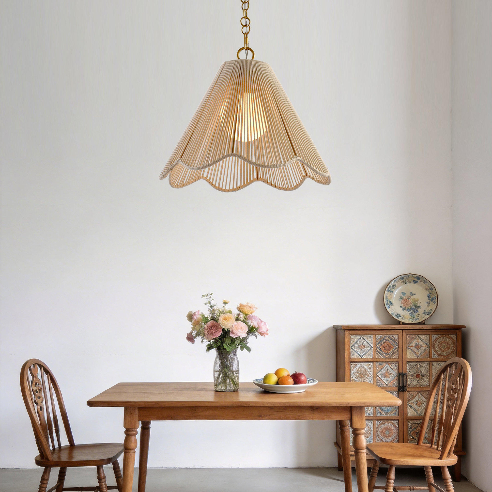 Boho 1-Light Scalloped Rope Pendant Light with Adjustable Gold Chain, Natural Woven Shade Pendant Lighting for Kitchen Island & Bedroom