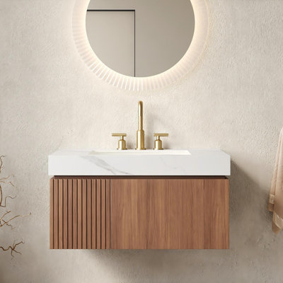 Ensemble de meuble-lavabo mural moderne en céramique et en pierre frittée 35,83 x 18,9 x 17,72 po Modern