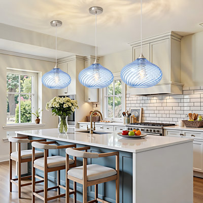 Luminaire suspendu à 1 lumière pour îlot de cuisine doré avec abat-jour en verre bleu rayé de 11 po