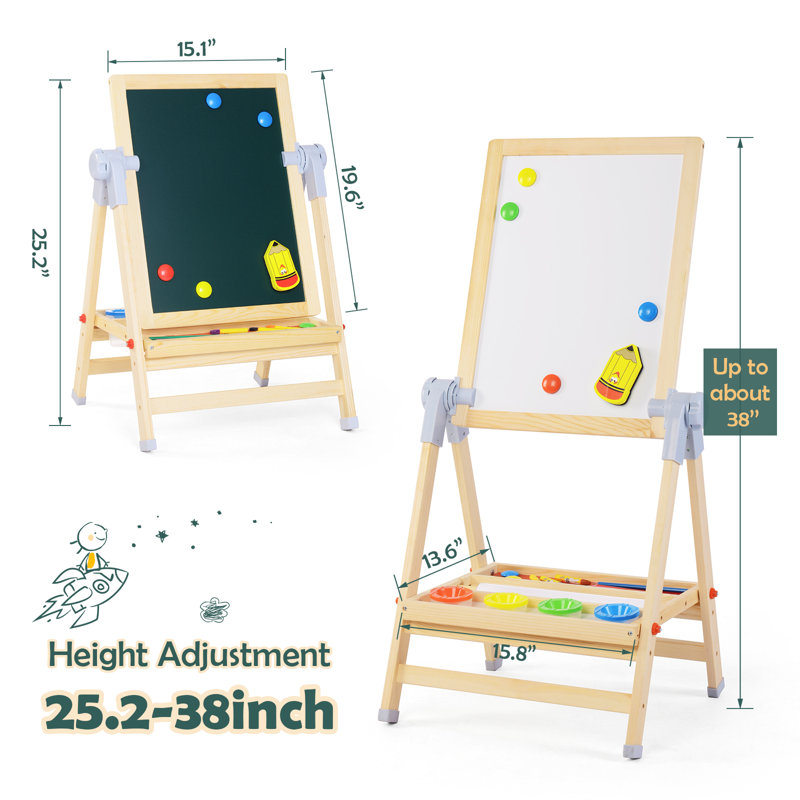 Chevalet en bois pour enfants avec planche à dessin à double face, tableau blanc 3 en 1 et tableau noir effaçable à sec, chevalet rotatif à 360 ° pour tout-petits