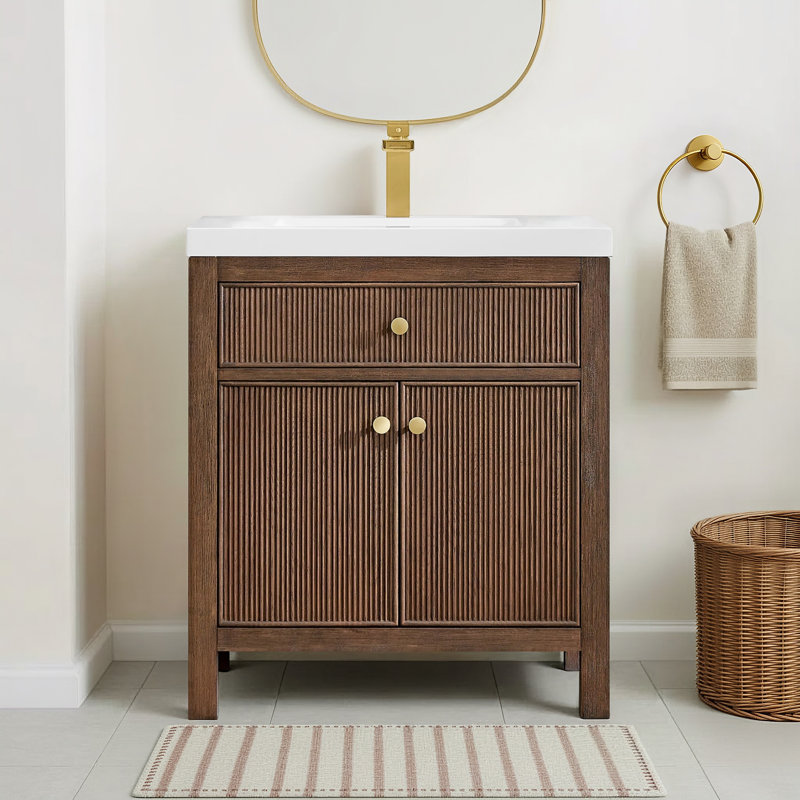 Lala 30" Single Bathroom Vanity in Engineered Stone Integrated Sink without Mirror, Brown Brushed Oak