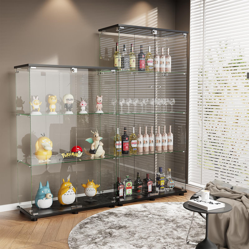 Romona Glass Display Cabinet, Curio Cabinet, Bookcase with 4 Shelf Double Door, Black