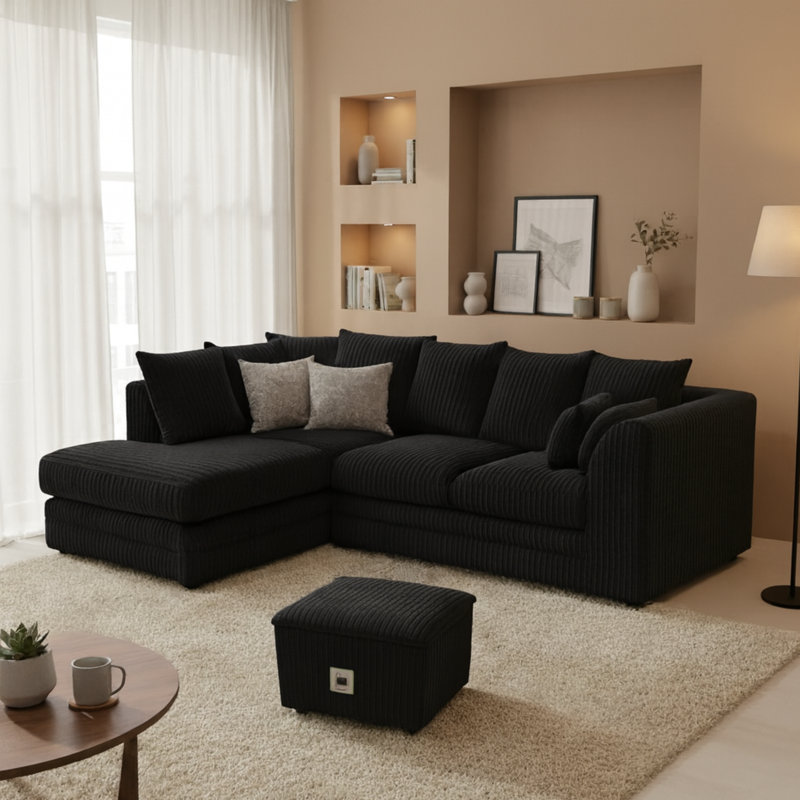 Jumbo Cord Upholstered Corner Sofa Small Back Cushion with Foot Stool , Black, Left Hand Facing