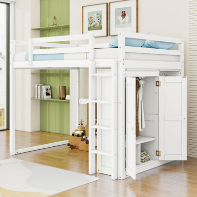 Multi-Functional Wood Full Loft Bed With Wardrobe, Shelves, LED Light And Guardrails